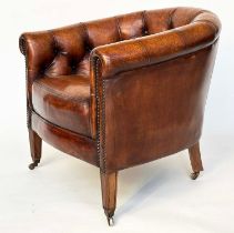 TUB ARMCHAIR, Edwardian style deep buttoned natural tan brown leather upholstered with bow back