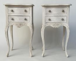 BEDSIDE CHESTS, a pair, French Lois XV style traditionally grey painted each with two drawers,