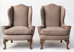 WINGBACK ARMCHAIRS, a pair, Queen Anne style with natural linen upholstery and carved walnut cabrile