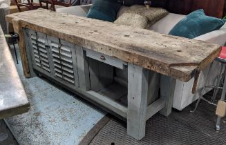 WORK BENCH, 265cm L x 60cm D x 81cm H, thick rustric to on a painted base with louvered doors and