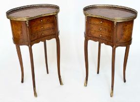 TABLES DE NUIT, a pair, French traditional style, burr elm and mahogany of kidney form with three