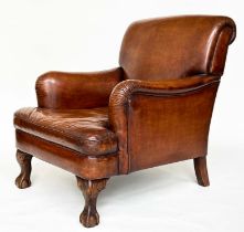 CLUB ARMCHAIR, soft natural mid brown leather upholstered with scroll back and carved walnut