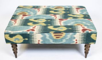 HEARTH STOOL, 42cm H x 102cm W x 81cm D, beechwood, in Lewis and Wood printed ikat upholstery.