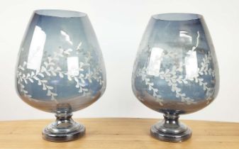 VASES, a pair, blue tinted glass, etched detail, 38cm H approx each. (2)