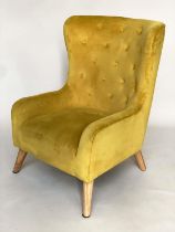 ARMCHAIR, contemporary deep button primrose yellow velvet upholstered with swept splay ash supports,