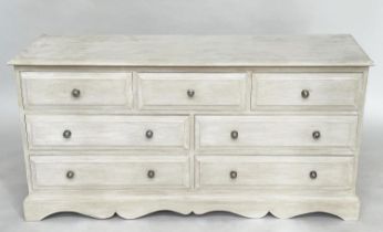 LOW CHEST, Georgian style traditionally grey painted with seven drawers and shaped apron base, 152cm