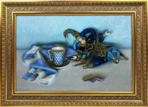RASHIT HABIROV (b 1953) 'Still Life with Doll and Dominoes', oil on canvas 54cm x 81cm, signed