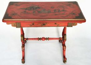 CARD TABLE, 19th century scarlet lacquered and gilt polychrome chinoiserie decorated with foldover