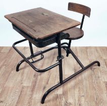 SCHOOL DESK, vintage 20th century steel and oak, dip to hold pencils and bag holder, 74cm H x 69cm W