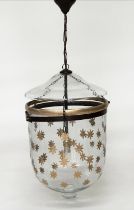 CEILING HALL LANTERN, glass bell jar gilt starr decorated with cover, 50cm H x 30cm W,