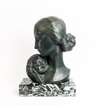S. MELANI, ART DECO BRONZE, mother and child on a variagated marble base, 32cm H x 21cm W x 19cm D.