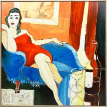 PETER CHEEK, 'Young woman seated with wine', oil on board, 69cm x 69cm, framed.