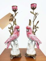 CANDELABRA, a pair, in the form of cockatoos, glazed ceramic, gilt mounts, 42.5cm H each. (2)