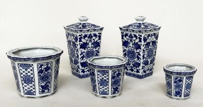VASES, a graduated set of three Chinese blue and white ceramic octagonal facetted, largest 24cm W