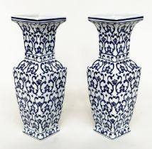VASES, a pair, Chinese ceramic blue and white of facetted form and mosaic patterned, 40cm H. (2)