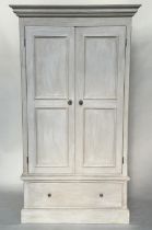 ARMOIRE, French style traditionally grey painted with two panelled doors, enclosing hanging space