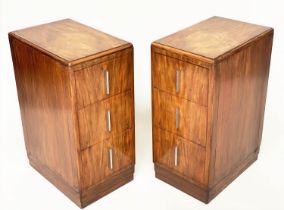 ART DECO BEDSIDE CHESTS, a pair, figured walnut each with three drawers and chromium plated handles,