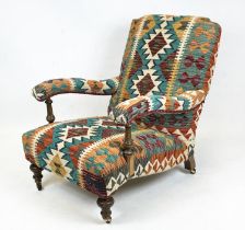 KILIM ARMCHAIR, in the manner of George Smith, mahogany framed with Analoia kilim upholstery, 72cm W
