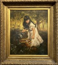 ALBIN VESELKA (attributed), 'Young Girl Picking Flowers', oil on cavans, 60cm x 49cm.