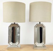 TABLE LAMPS, a pair, silvered with mirror panel detail, with shades, 68.5cm H. (2)