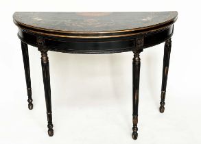 CONSOLE TABLE, demilune black lacquered and gilt decorated with polychrome top and fluted tapering