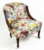 BOUDAIR CHAIR, 19th century French mahogany with botanical print upholstery, 58cm W.