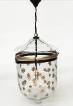 CEILING HALL LANTERN, glass bell jar gilt start decorated with cover, 50cm H x 30cm W.