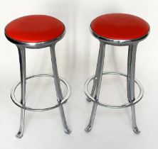 BAR STOOLS, a pair, Joan Casa Ortinex Indescasa cast aluminum circular with red wipeable seats and