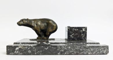 POLAR BEAR INKWELL STAND, bronze on grey and white variagated marble, 24cm L x 16cm H x 10cm W.