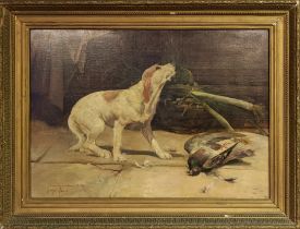 GEORGE HENRI FAVEL, 'Trouble in store, hound in a interior', oil on canvas, 89cm x 62cm, framed.