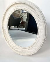 WALL MIRROR, Regency style circular grey painted with fluted and beaded frame and bevelled mirror,