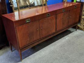 SIDEBOARD, mid-century teak with two drawers above two cupboards, raised on brass caped tapered