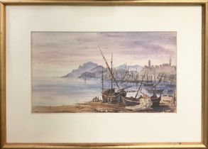 MANNER OF EDWARD LEAR, 'A view of the Bay of Cannes', watercolour, 15cm x 28cm, framed.
