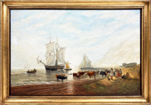 VIVIAN (19th century English School) 'Figures and Cattle on a Beach with Ships Beyond', oil on
