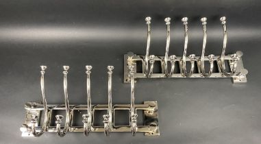 WALL HOOK BRACKETS, 28cm x 58cm x 17cm, pair, each with five hooks, polished metal. (2)