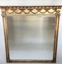 OVERMANTEL MIRROR, 19th century style giltwood rectangular with 'ball' cornice swag frieze and