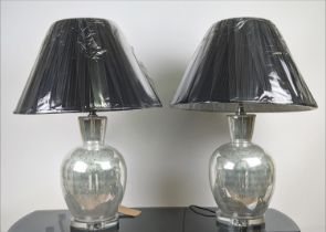 TABLE LAMPS, a pair, églomisé style glass with black shades, 75cm H. (2)