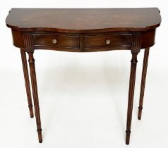 HALL TABLE, Regency design flame mahogany and crossbanded with two frieze drawers and turned