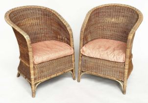 CONSERVATORY ARMCHAIRS BY DRYAD, a pair, rattan and cane woven, with arched back and seat