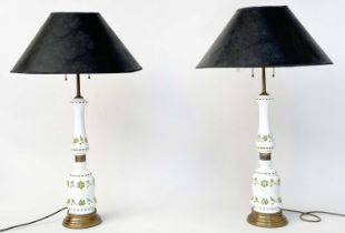 TABLE LAMPS, a pair, Opaline and green pierced decorated with gilt metal mounted column and splay