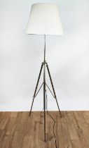 TRIPOD FLOOR LAMP, approx 110cm H, polished metal folding and adjustable, with shade.