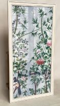 FRAMED PRINT, of birds and peonies, 161cm H x 82cm W.