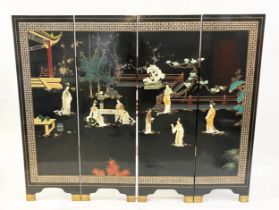 CHINESE SCREEN, 127cm x 161cm overall, four fold, ebonised lacquer inlaid, with carved stone and