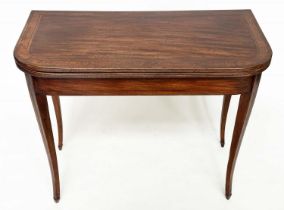 TEA TABLE, George III figure mahogany, satinwood and tulipwood crossbanded, D form foldover with