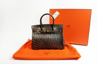 HERMÈS BIRKIN 30 OSTRICH, gold tone hardware, top handles, color matching leather lining, one zip