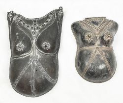 SOUTH INDIAN BRONZE BREAST PLATES, two, repousse decorated with snakes and bejewelled torso, (