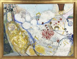 MANNER OF JOHN OLSEN (Australia 1928-2023), 'Forgings', oil on board, 90cm x 121cm, framed.