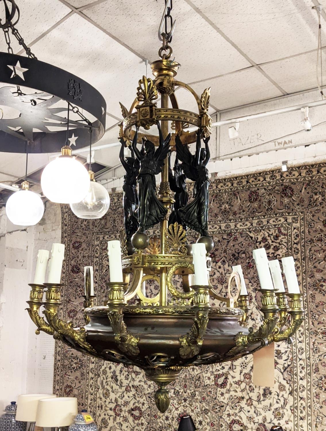 CHANDELIER, 110cm H x 75cm W, French Empire style patinated and gilt metal with angel and wreath - Image 3 of 17