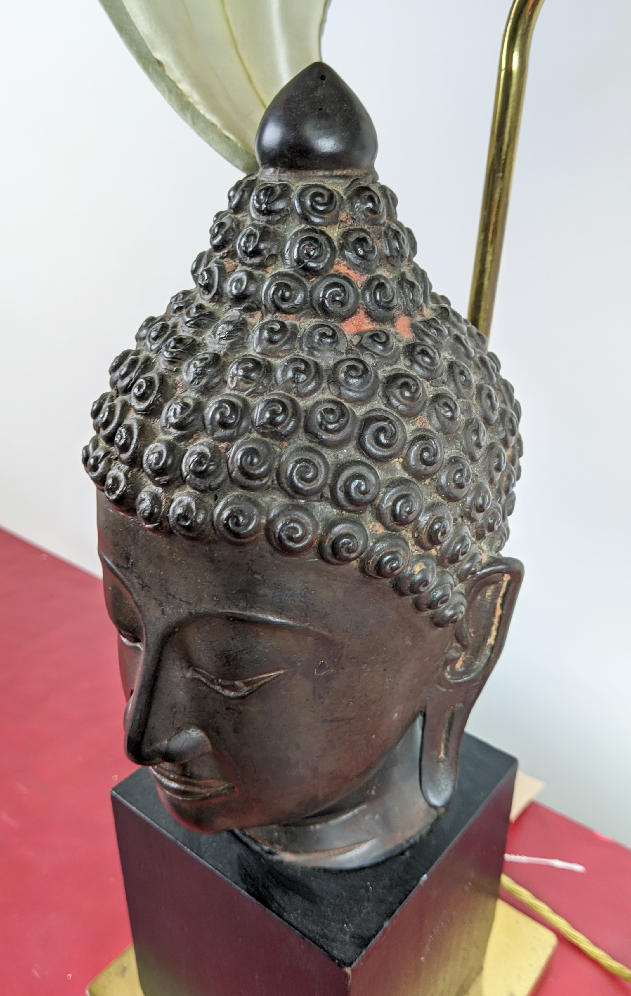 MANNER OF JAMES MONT BUDDHA TABLE LAMP, with silk shade, vintage 20th century, 75cm H. - Image 6 of 17