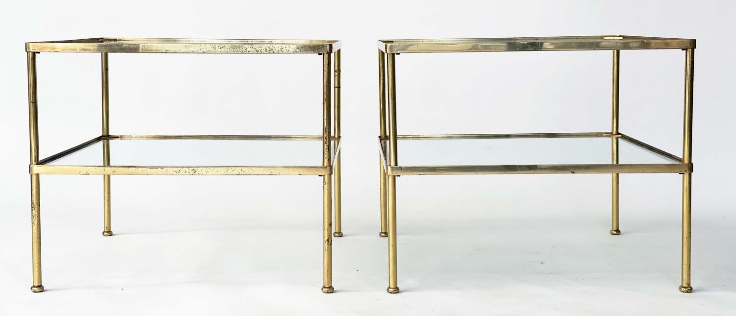 LAMP TABLES, a pair, 1970s, gilt metal, square with two glazed tiers and capped tubular supports, - Image 3 of 20